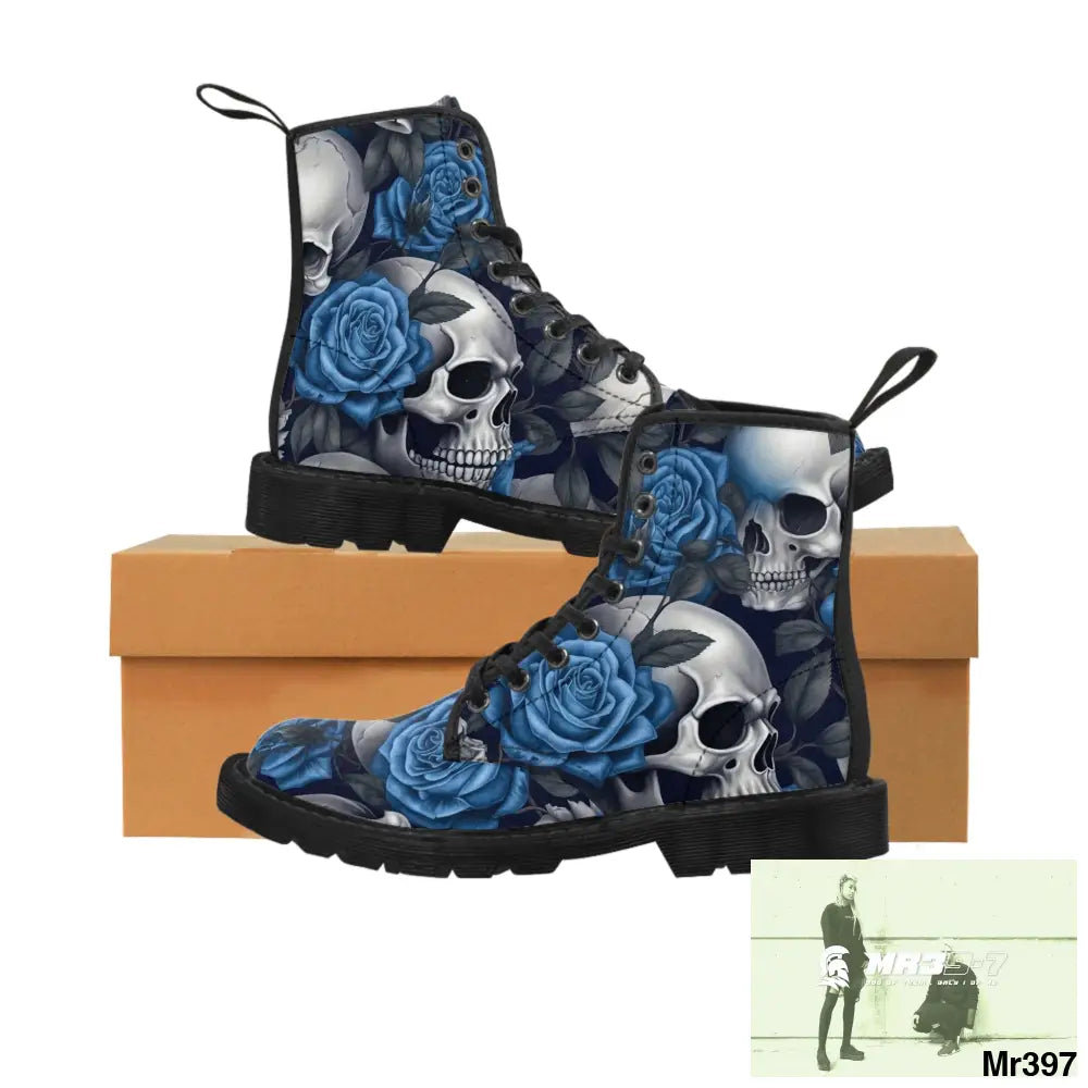 No 2 Gothic Skull and Blue Roses Canvas Boots AOP Shoes