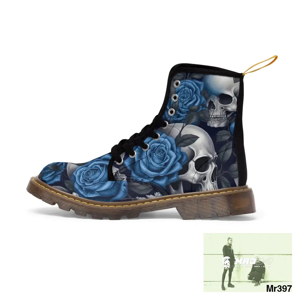 No 2 Gothic Skull and Blue Roses Canvas Boots AOP Shoes