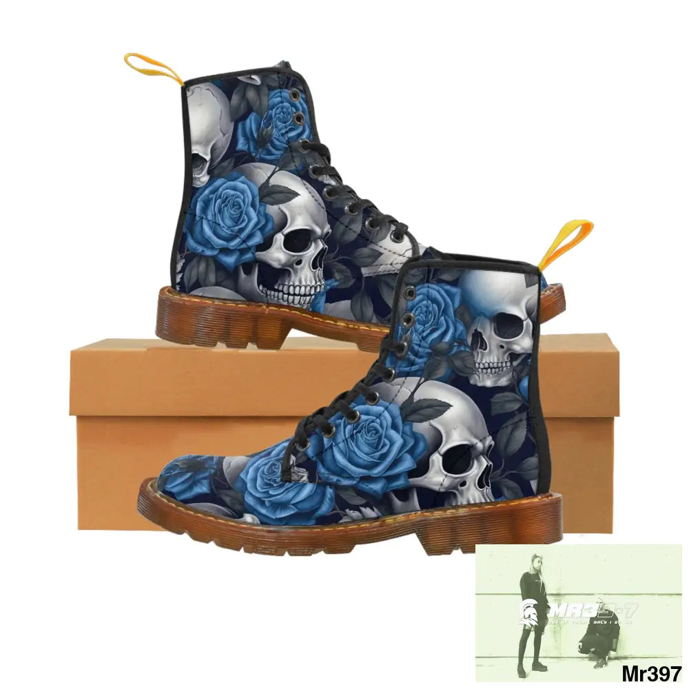 No 2 Gothic Skull and Blue Roses Canvas Boots AOP Shoes