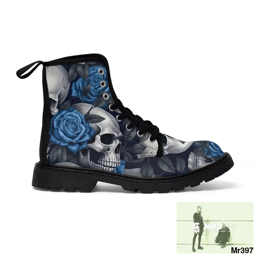 No 2 Gothic Skull and Blue Roses Canvas Boots AOP US 7 / Black sole Shoes