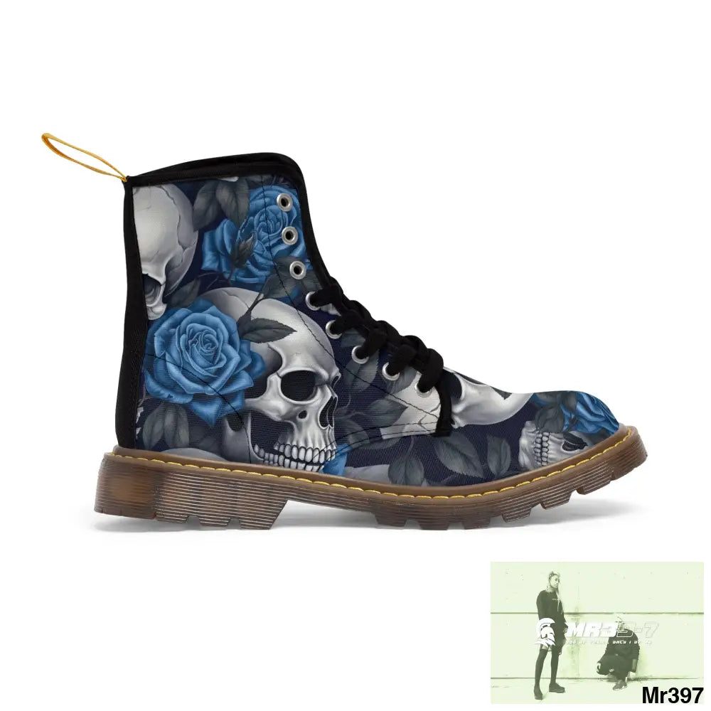 No 2 Gothic Skull and Blue Roses Canvas Boots AOP US 7 / Brown sole Shoes