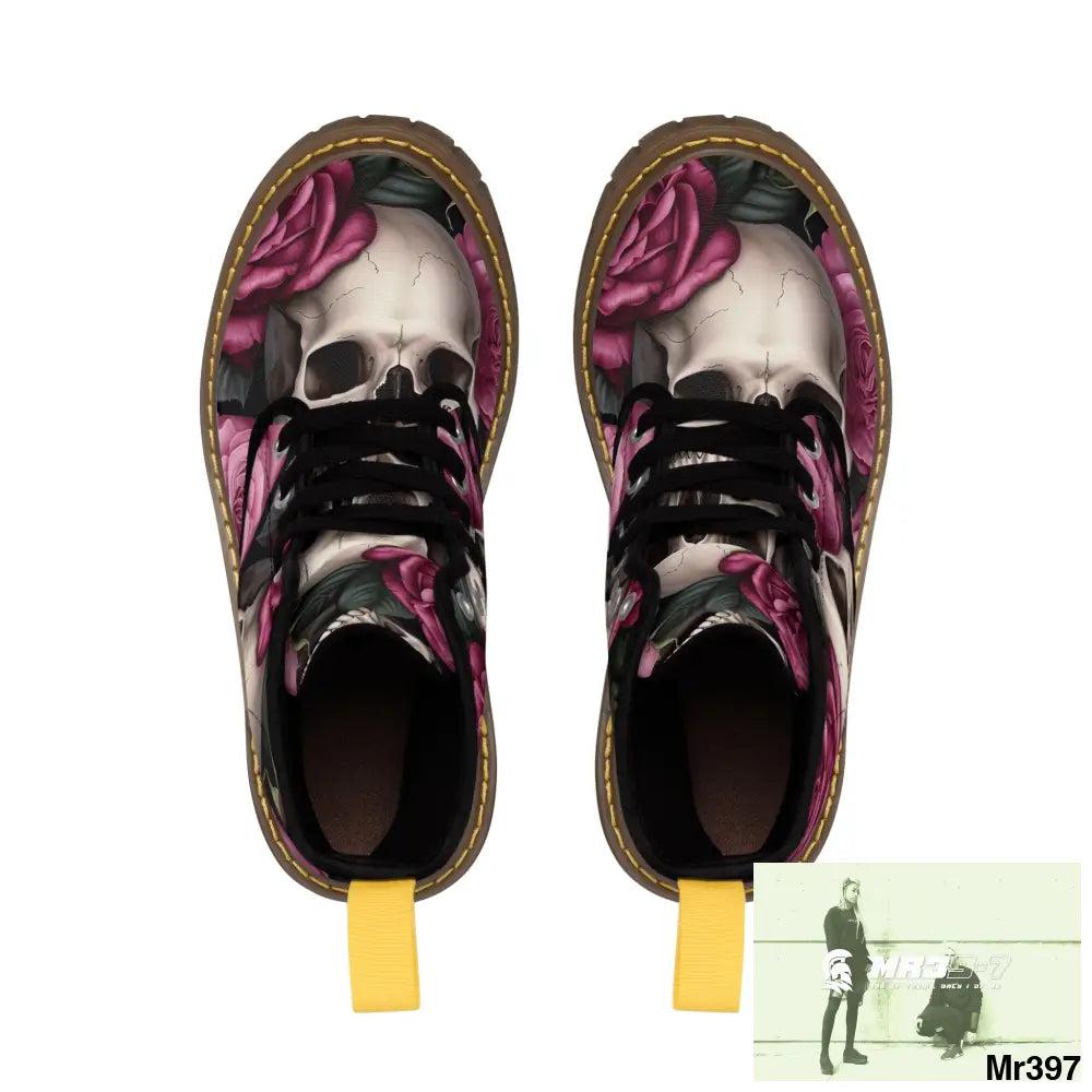 No 2 Gothic Skull and pink Roses Canvas Boots AOP Shoes