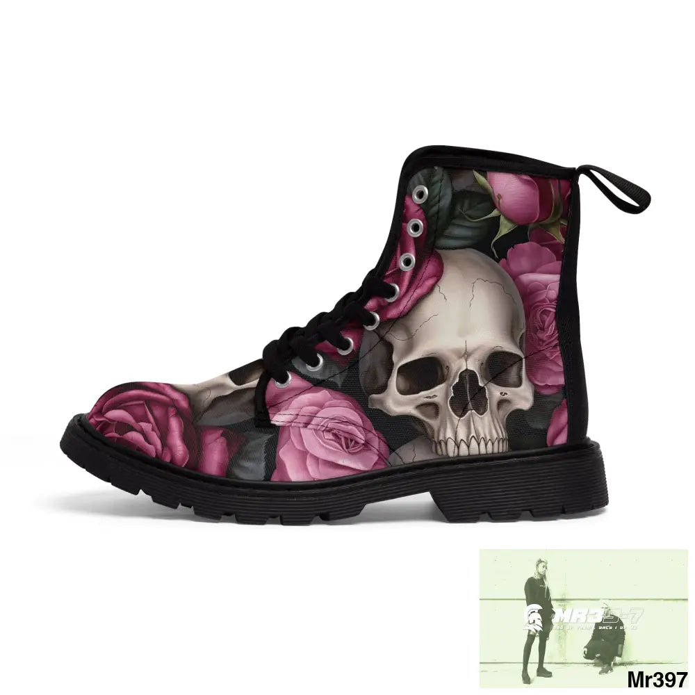No 2 Gothic Skull and pink Roses Canvas Boots AOP Shoes