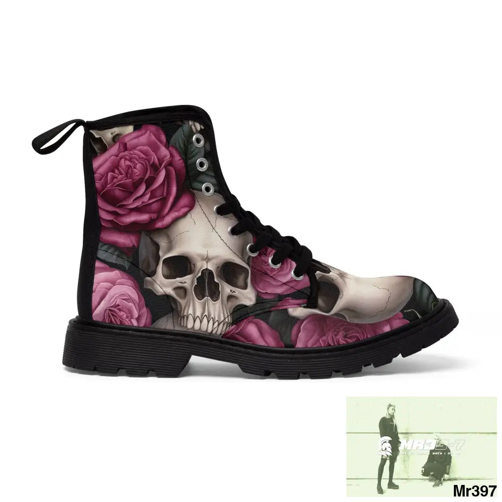 No 2 Gothic Skull and pink Roses Canvas Boots AOP Shoes