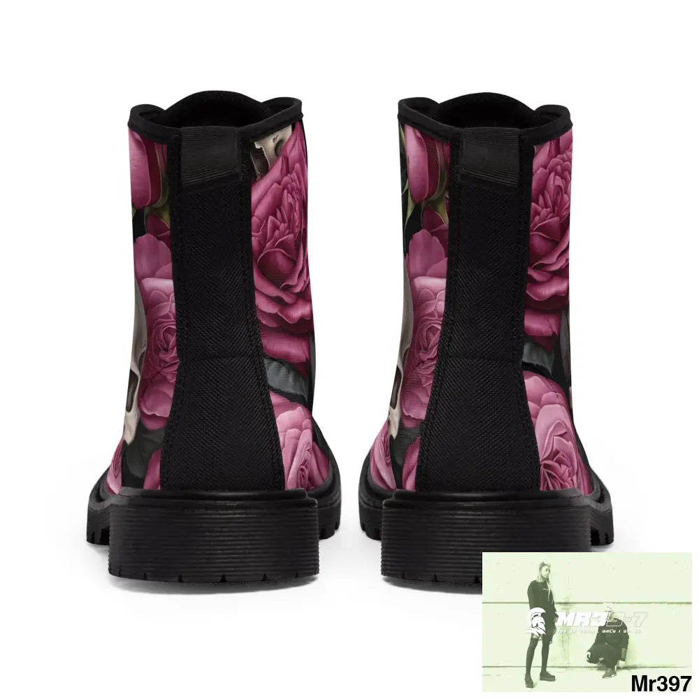 No 2 Gothic Skull and pink Roses Canvas Boots AOP Shoes