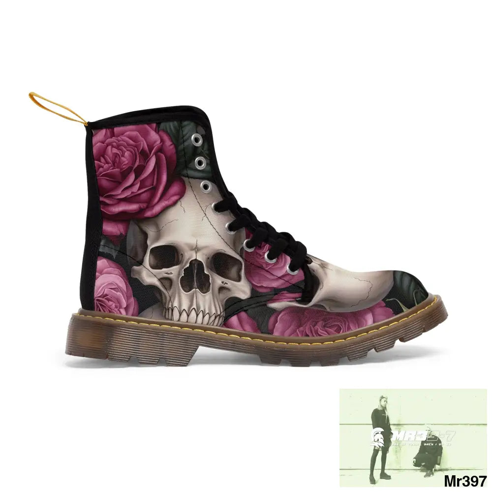 No 2 Gothic Skull and pink Roses Canvas Boots AOP Shoes