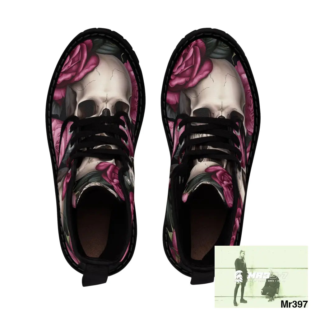No 2 Gothic Skull and pink Roses Canvas Boots AOP Shoes