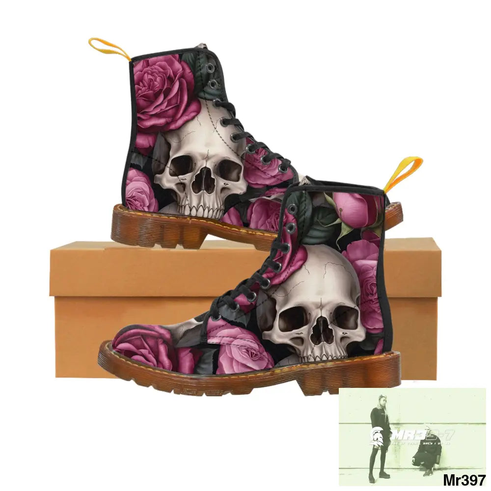No 2 Gothic Skull and pink Roses Canvas Boots AOP US 7 / Brown sole Shoes