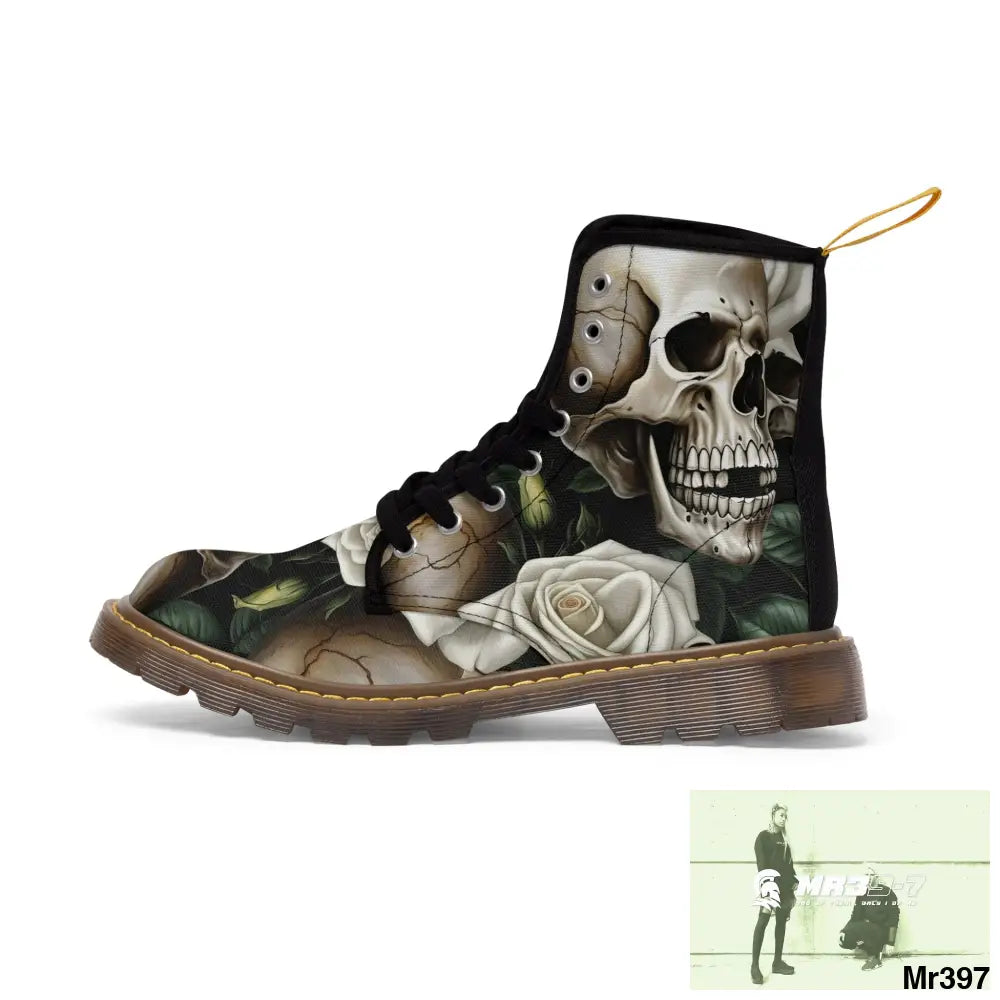 No 2 Gothic Skull and White Roses Canvas Boots AOP Shoes