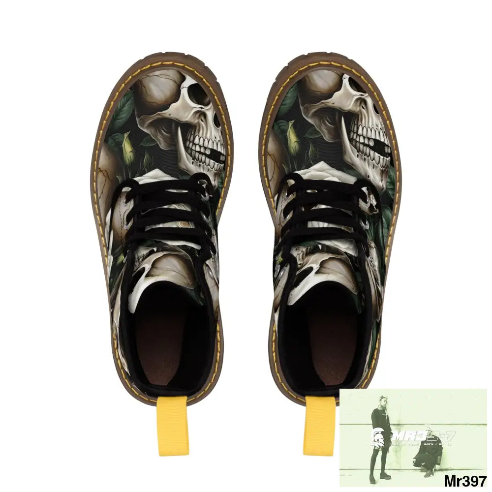 No 2 Gothic Skull and White Roses Canvas Boots AOP Shoes