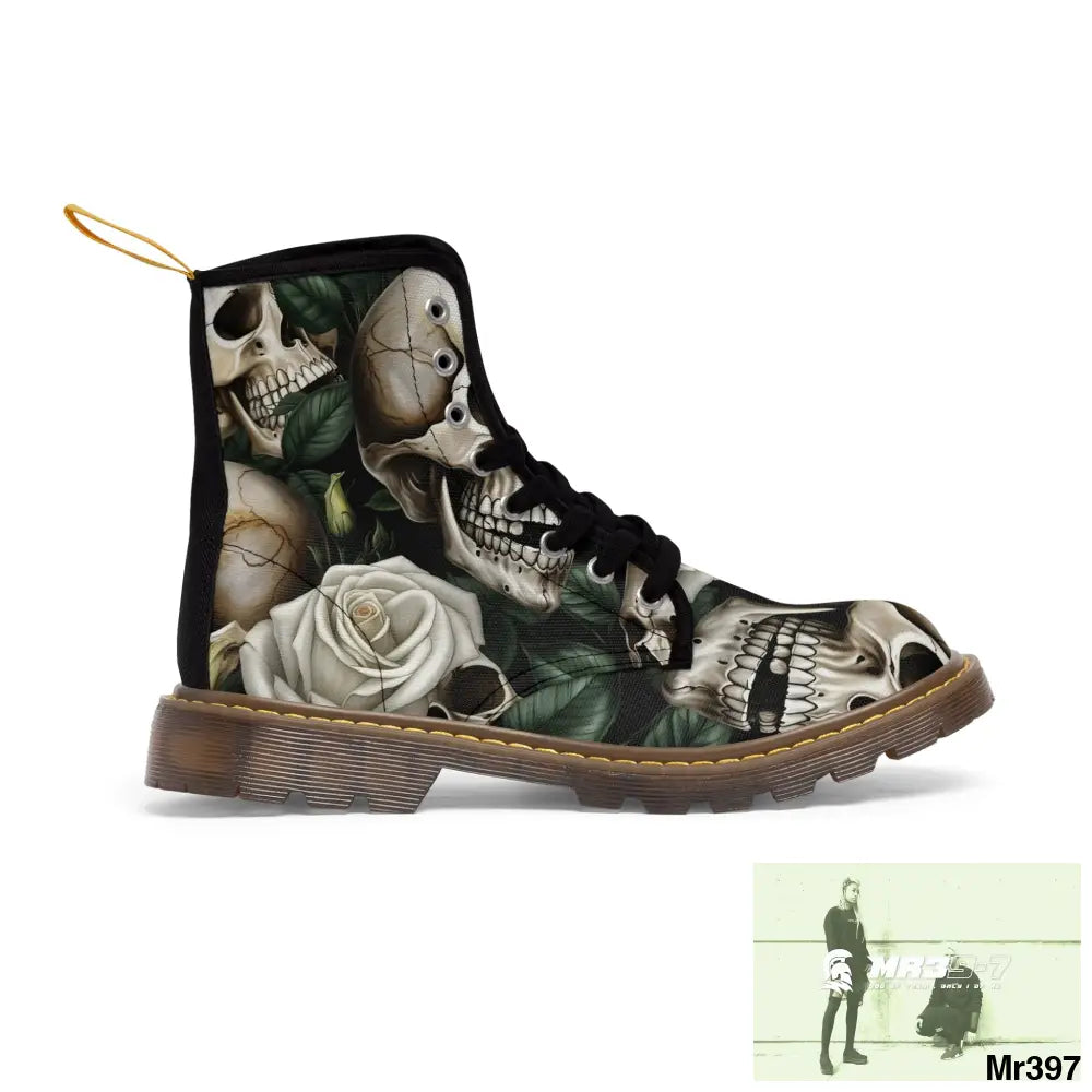No 2 Gothic Skull and White Roses Canvas Boots AOP Shoes