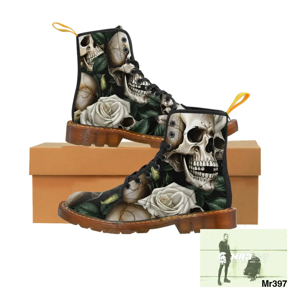 No 2 Gothic Skull and White Roses Canvas Boots AOP Shoes