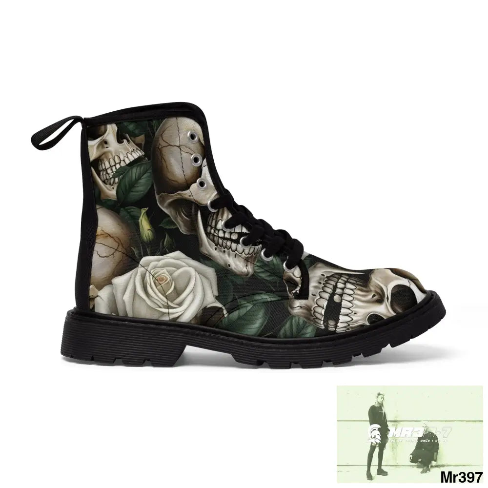 No 2 Gothic Skull and White Roses Canvas Boots AOP US 7 / Black sole Shoes