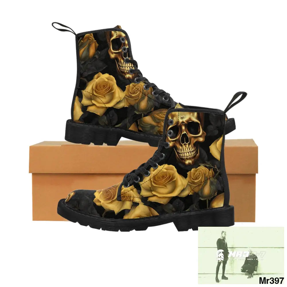 No 2 Gothic Skulls and Gold Roses Canvas Boots AOP Shoes