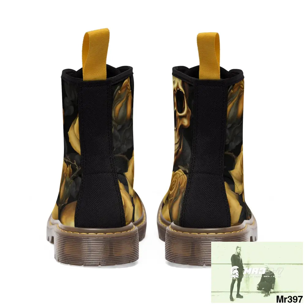 No 2 Gothic Skulls and Gold Roses Canvas Boots AOP Shoes