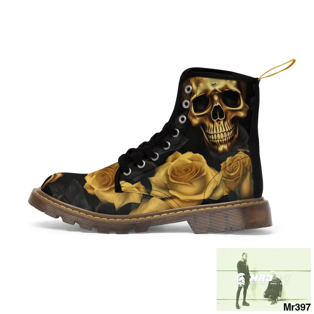 No 2 Gothic Skulls and Gold Roses Canvas Boots AOP US 7 / Brown sole Shoes