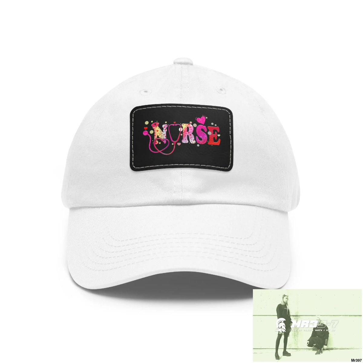 Nurse Love Dad Hat with Leather Patch (Rectangle) White / Black patch / Rectangle / One size Hats