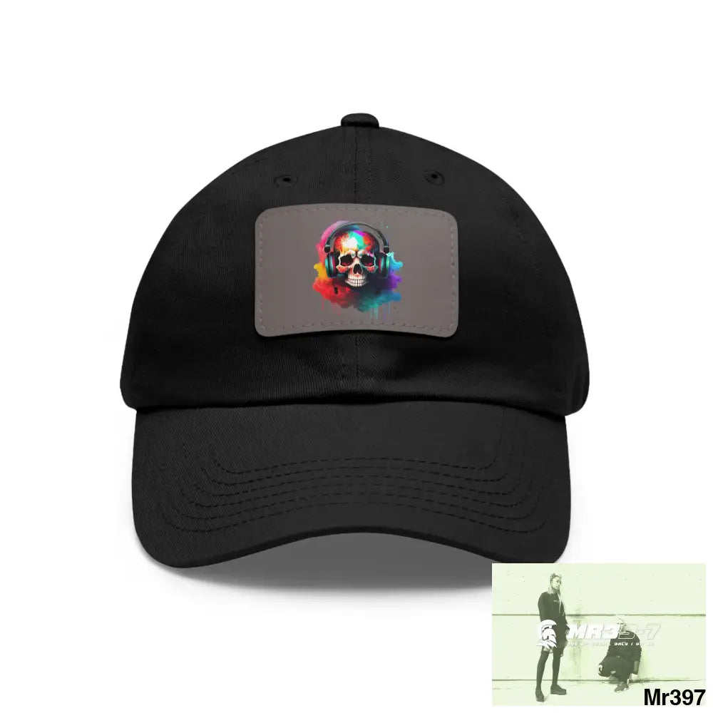 Painted skull with melting headphones Dad Hat with Leather Patch (Rectangle) Black / Grey patch / Rectangle / One size