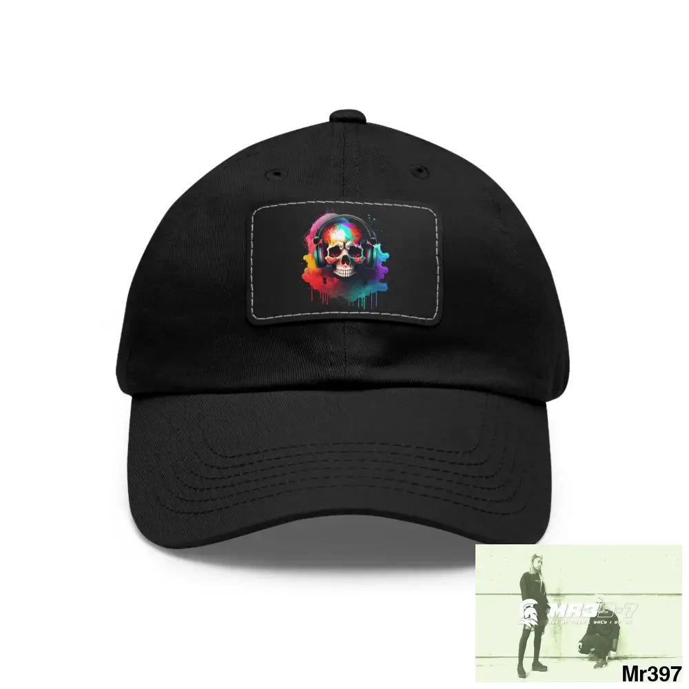 Painted skull with melting headphones Dad Hat with Leather Patch (Rectangle) Black / Black patch / Rectangle / One size