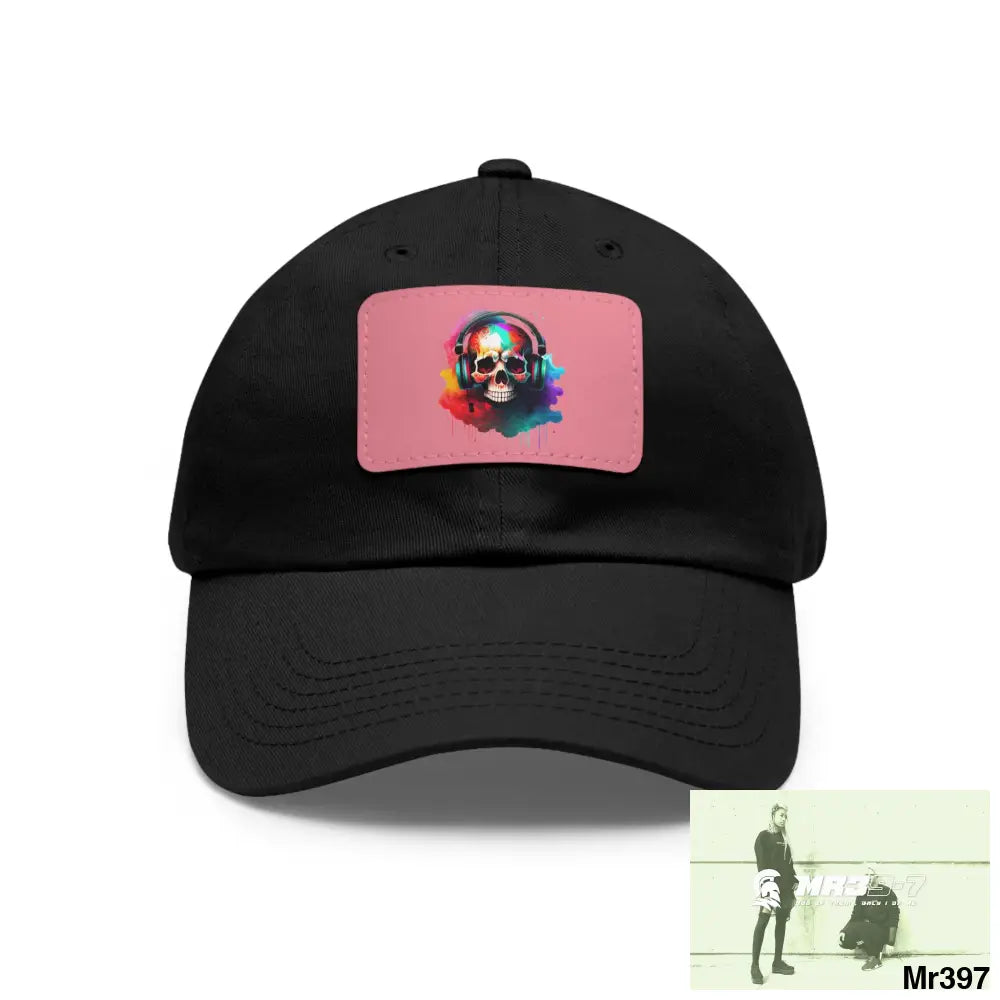 Painted skull with melting headphones Dad Hat with Leather Patch (Rectangle) Black / Pink patch / Rectangle / One size
