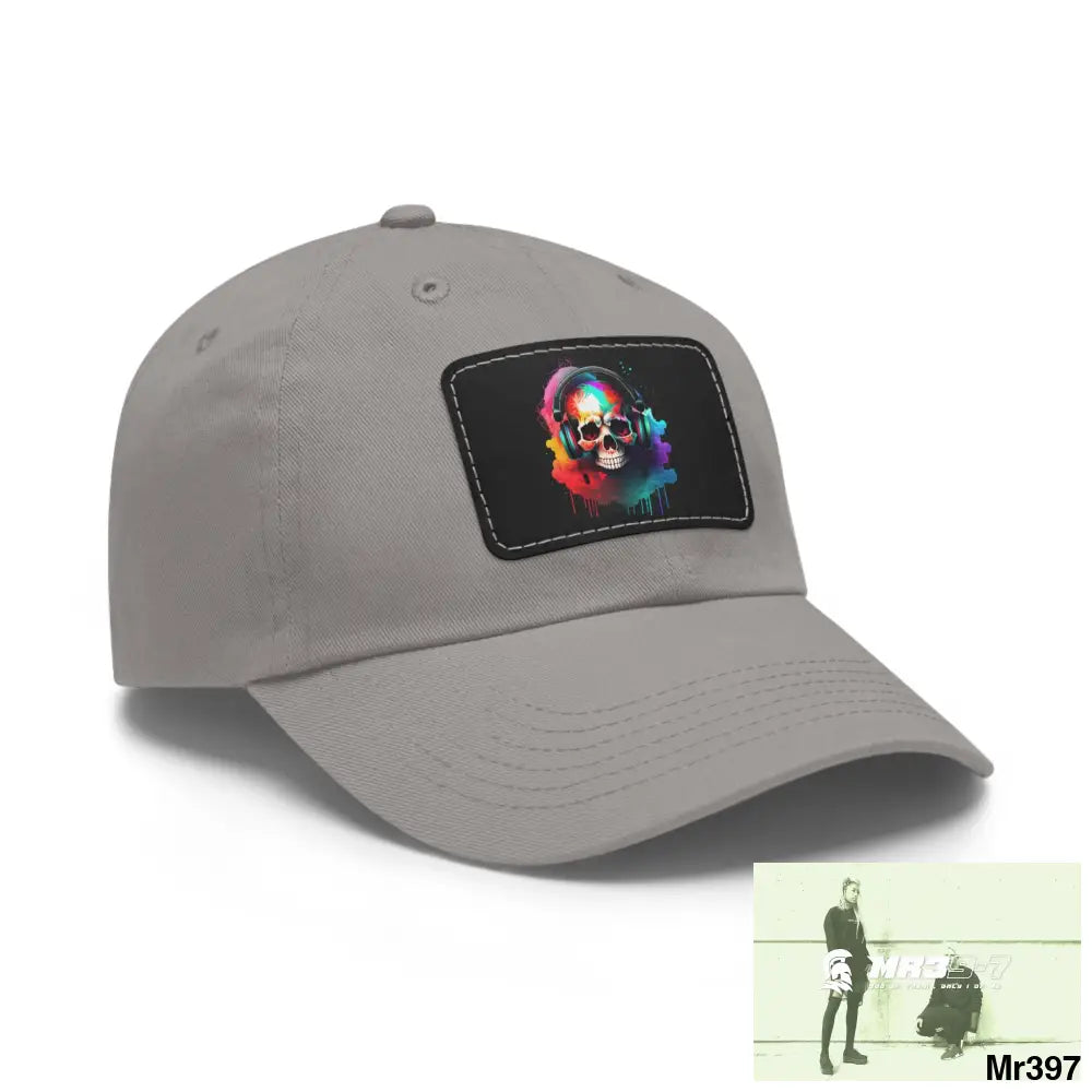 Painted skull with melting headphones Dad Hat with Leather Patch (Rectangle) Hats