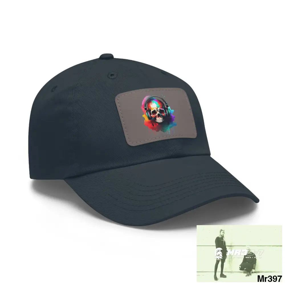 Painted skull with melting headphones Dad Hat with Leather Patch (Rectangle) Hats