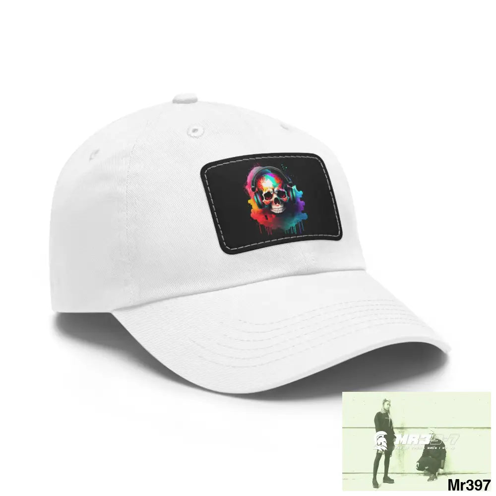 Painted skull with melting headphones Dad Hat with Leather Patch (Rectangle) Hats
