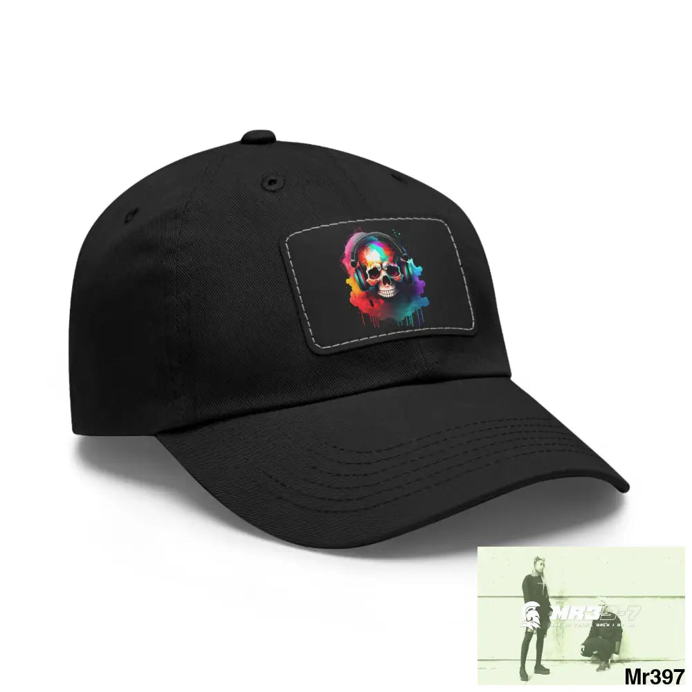Painted skull with melting headphones Dad Hat with Leather Patch (Rectangle) Hats