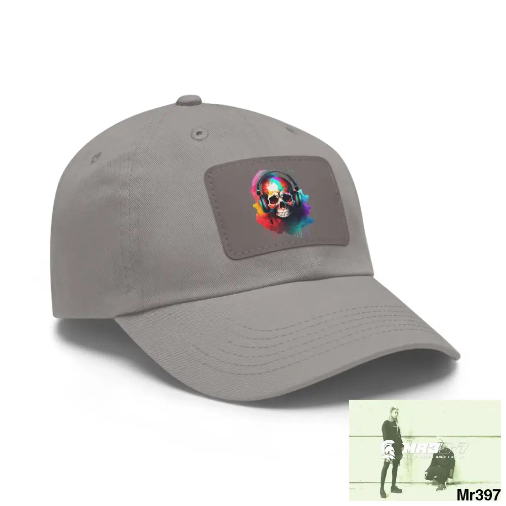 Painted skull with melting headphones Dad Hat with Leather Patch (Rectangle) Hats