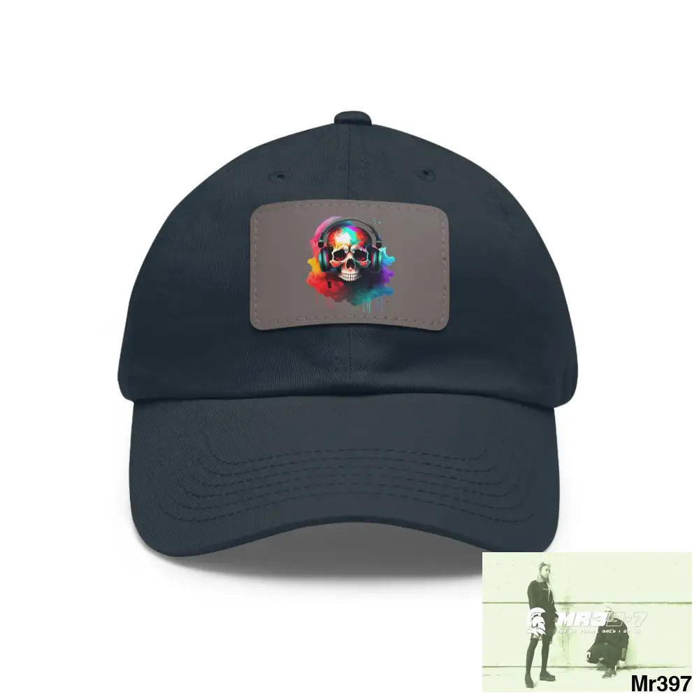 Painted skull with melting headphones Dad Hat with Leather Patch (Rectangle) Navy / Grey patch / Rectangle / One size