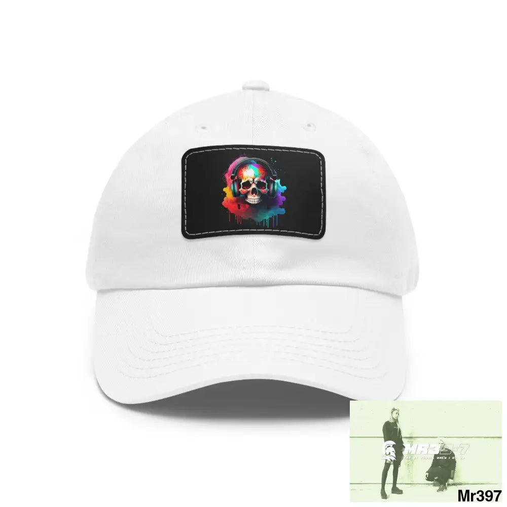 Painted skull with melting headphones Dad Hat with Leather Patch (Rectangle) White / Black patch / Rectangle / One size