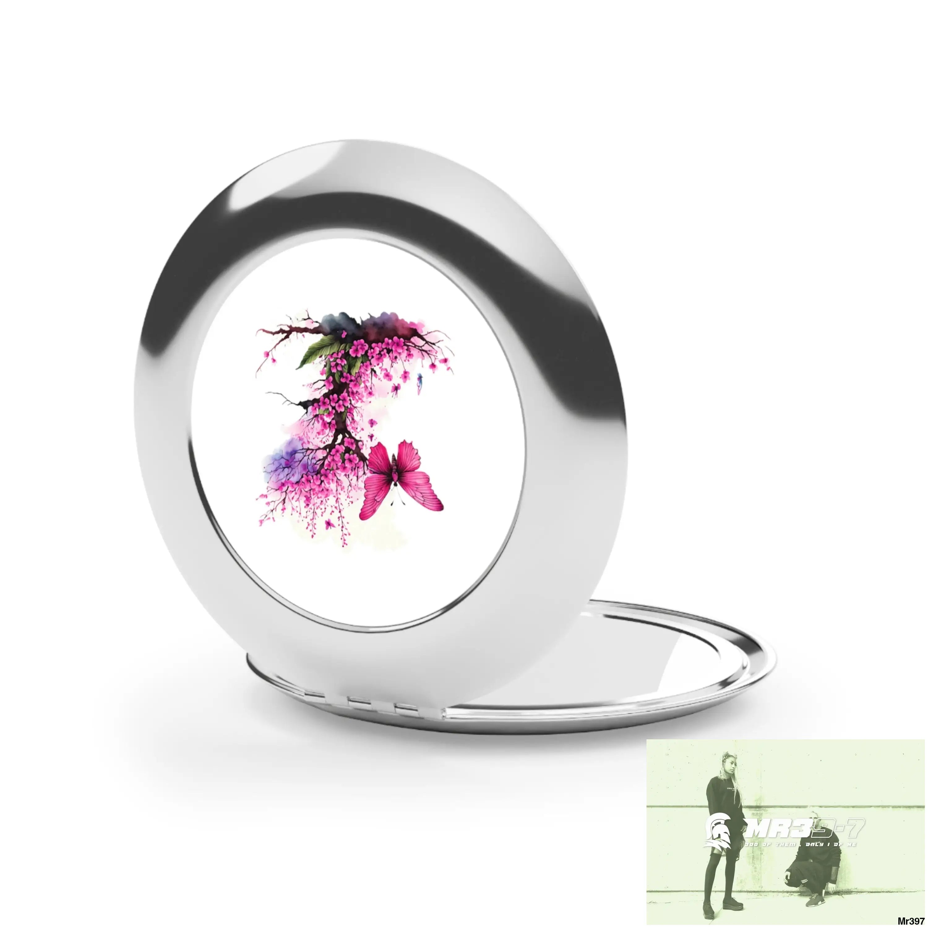 Pink Butterfly on ornamental Cherry Tree Branch Compact Travel Mirror Silver / Glossy / One size Accessories