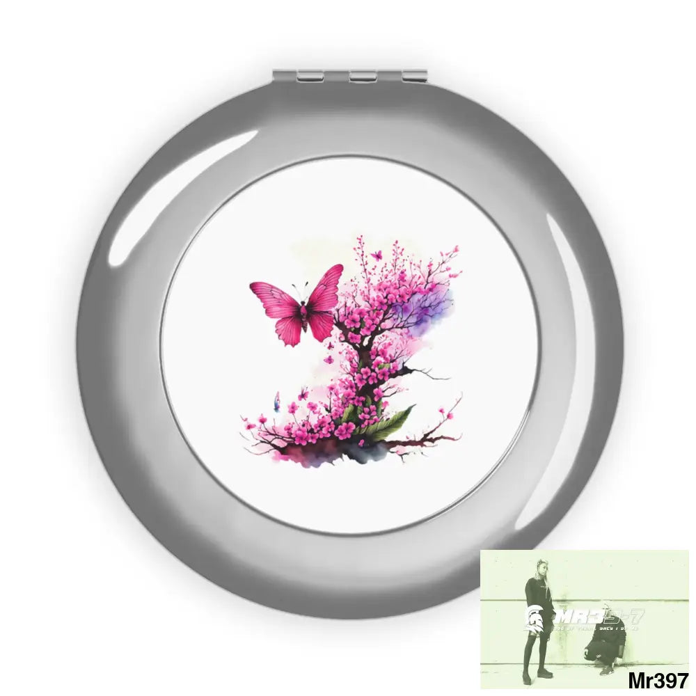 Pink Butterfly on ornamental Cherry Tree Branch Compact Travel Mirror Silver / Glossy / One size Accessories