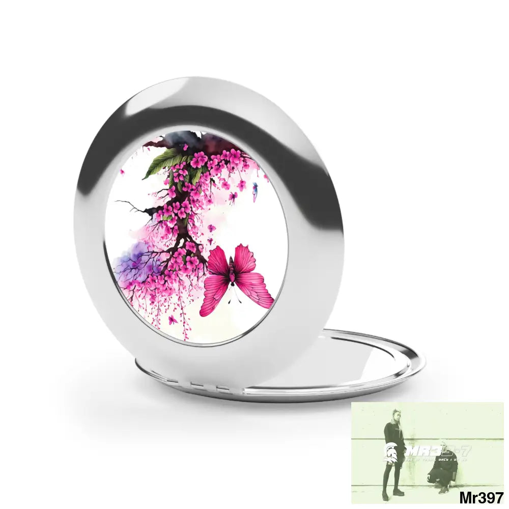 Pink Butterfly on ornamental Cherry Tree Branch Compact Travel Mirror Silver / Glossy / One size Accessories
