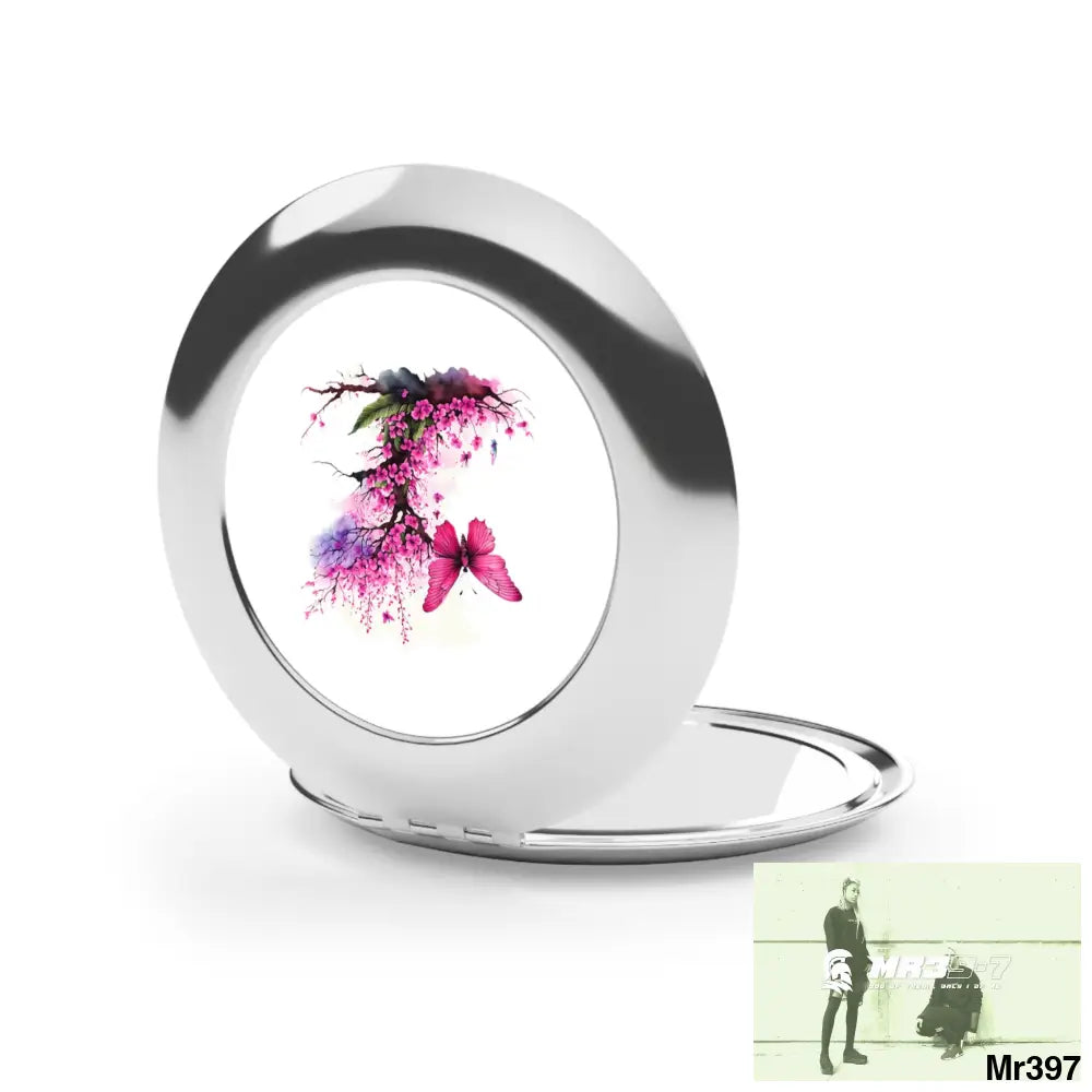 Pink Butterfly on ornamental Cherry Tree Branch Compact Travel Mirror Silver / Glossy / One size Accessories