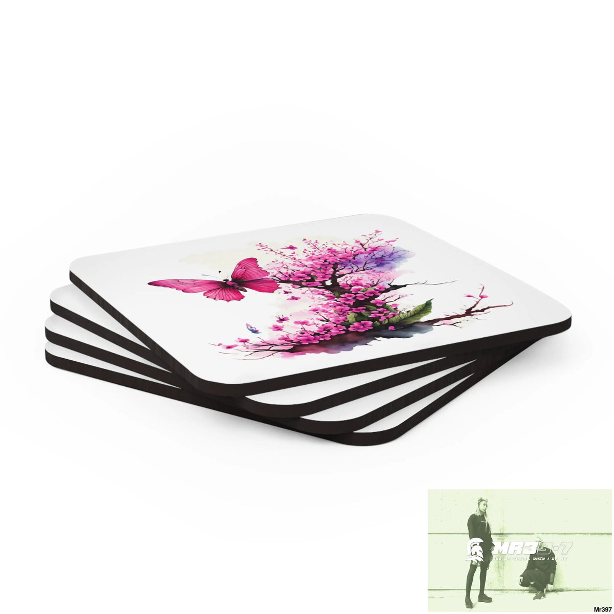Pink Butterfly on Ornamental Cherry Tree Branch Corkwood Coaster Set Cork / 3.75’’ × 3.75’’ / Square Home Decor
