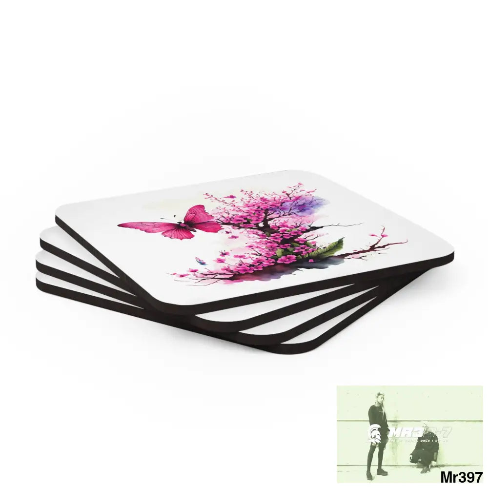 Pink Butterfly on Ornamental Cherry Tree Branch Corkwood Coaster Set Cork / 3.75’’ × 3.75’’ / Square Home Decor
