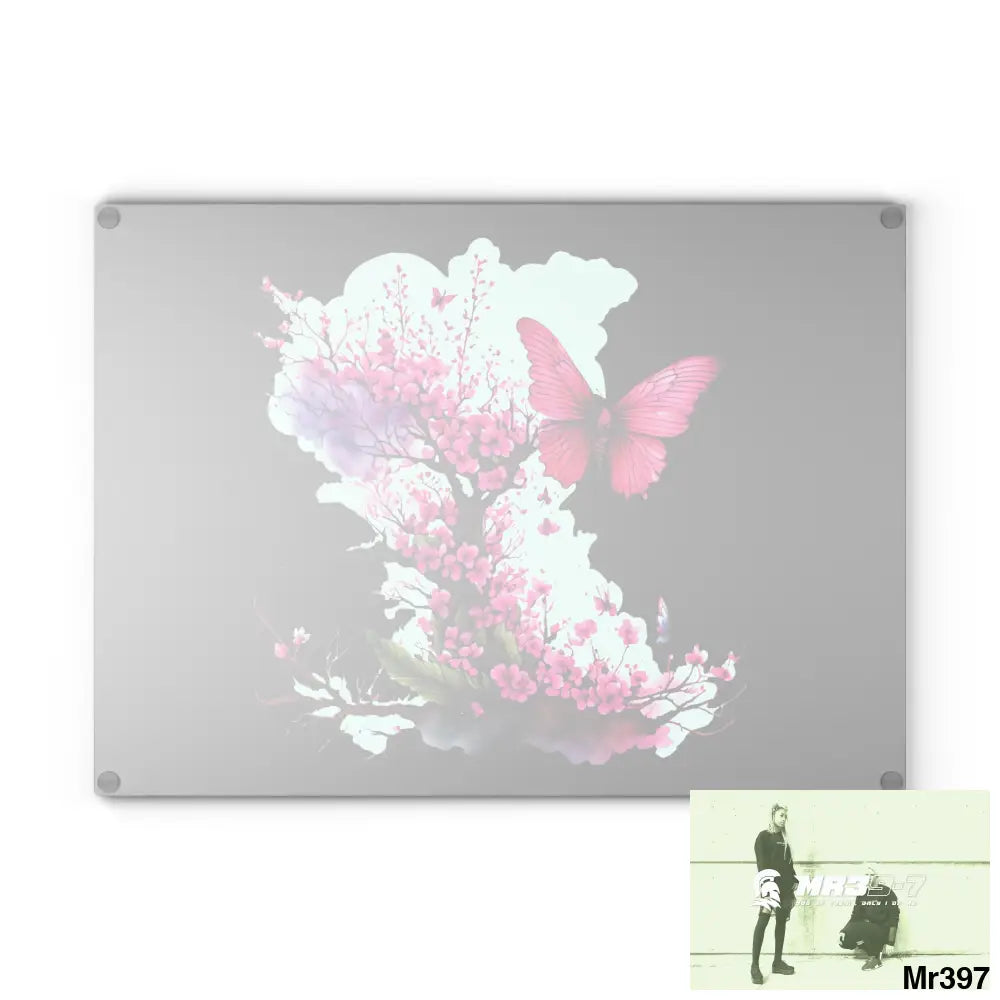 Pink Butterfly on Ornamental cherry tree branch Cutting Board Home Decor