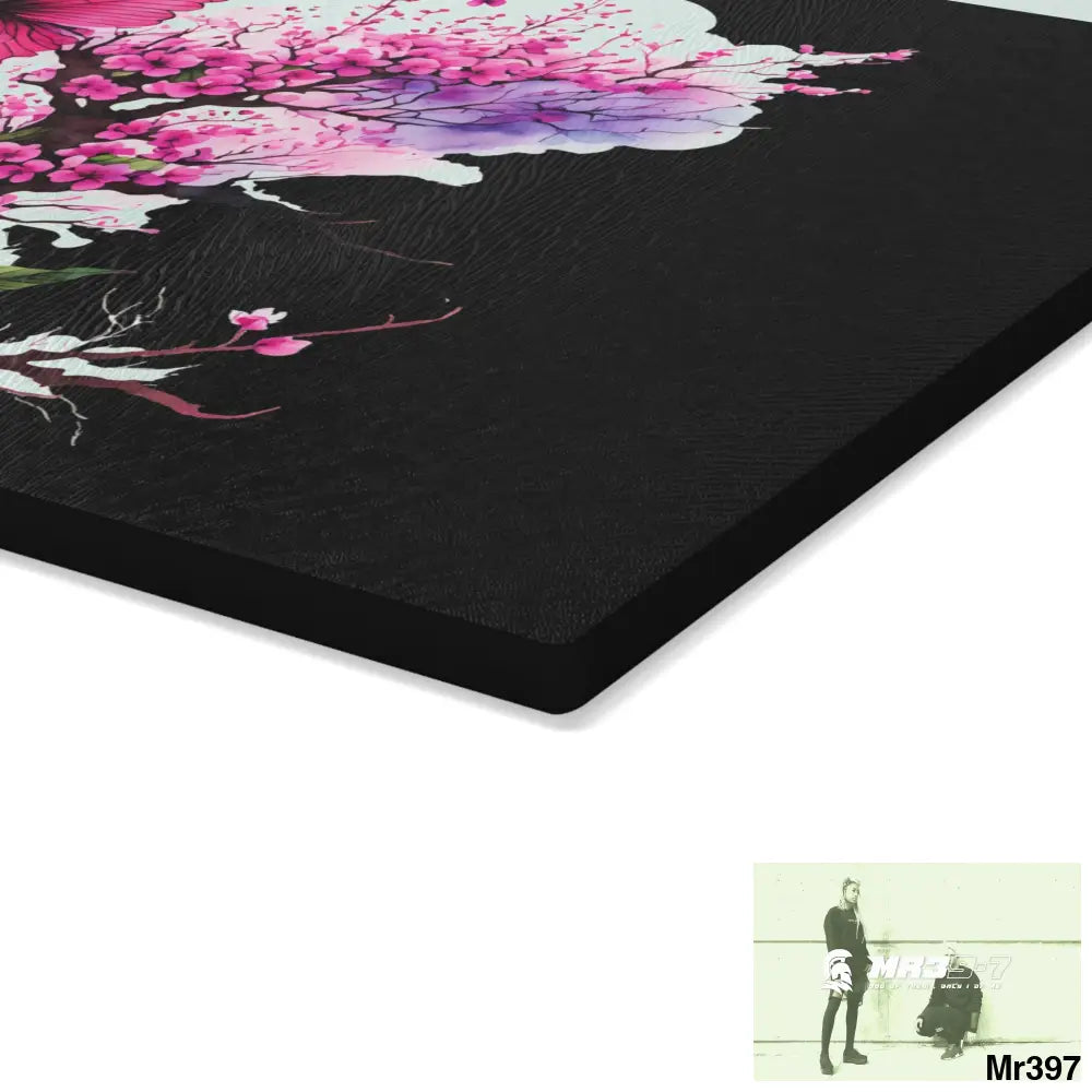 Pink Butterfly on Ornamental cherry tree branch Cutting Board Home Decor