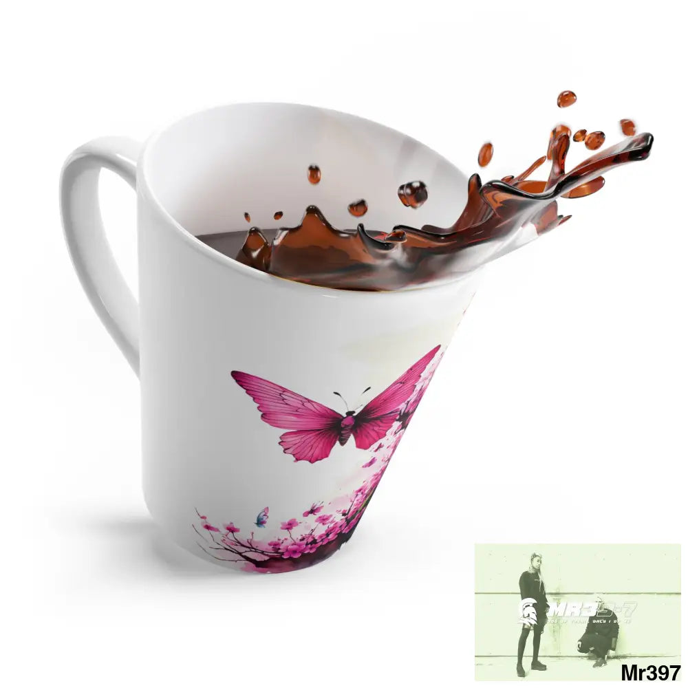 Pink Butterfly on Ornamental Cherry Tree Branch Latte Mug 12oz Mug