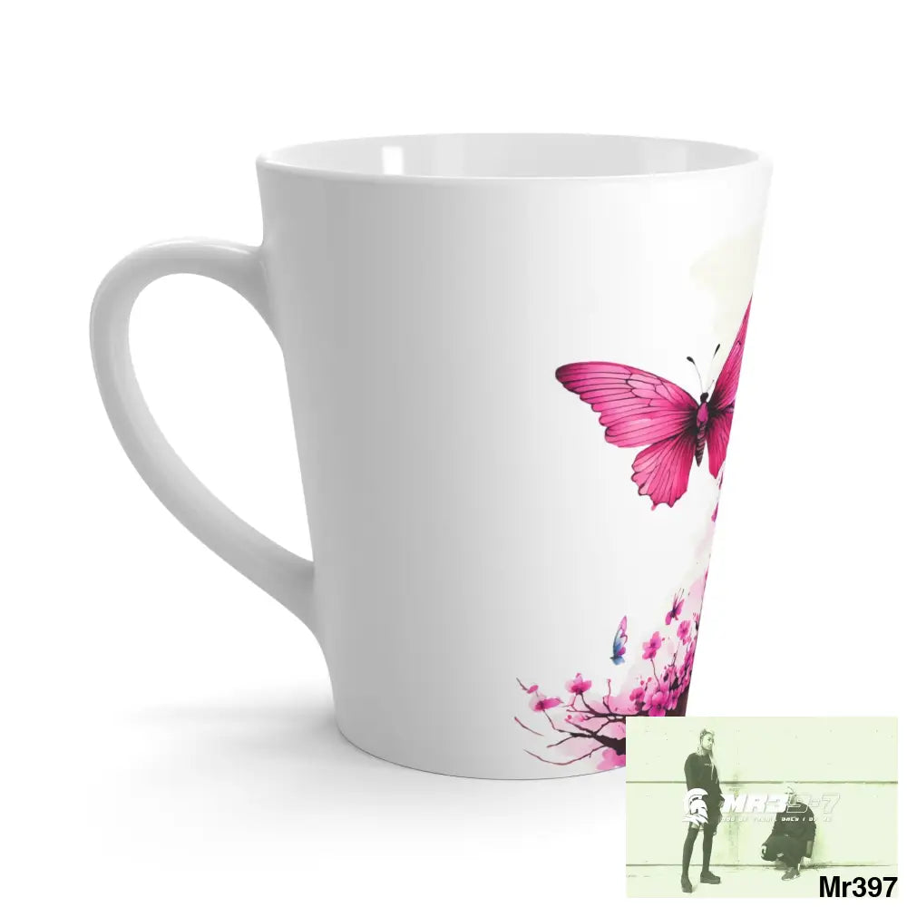 Pink Butterfly on Ornamental Cherry Tree Branch Latte Mug 12oz Mug
