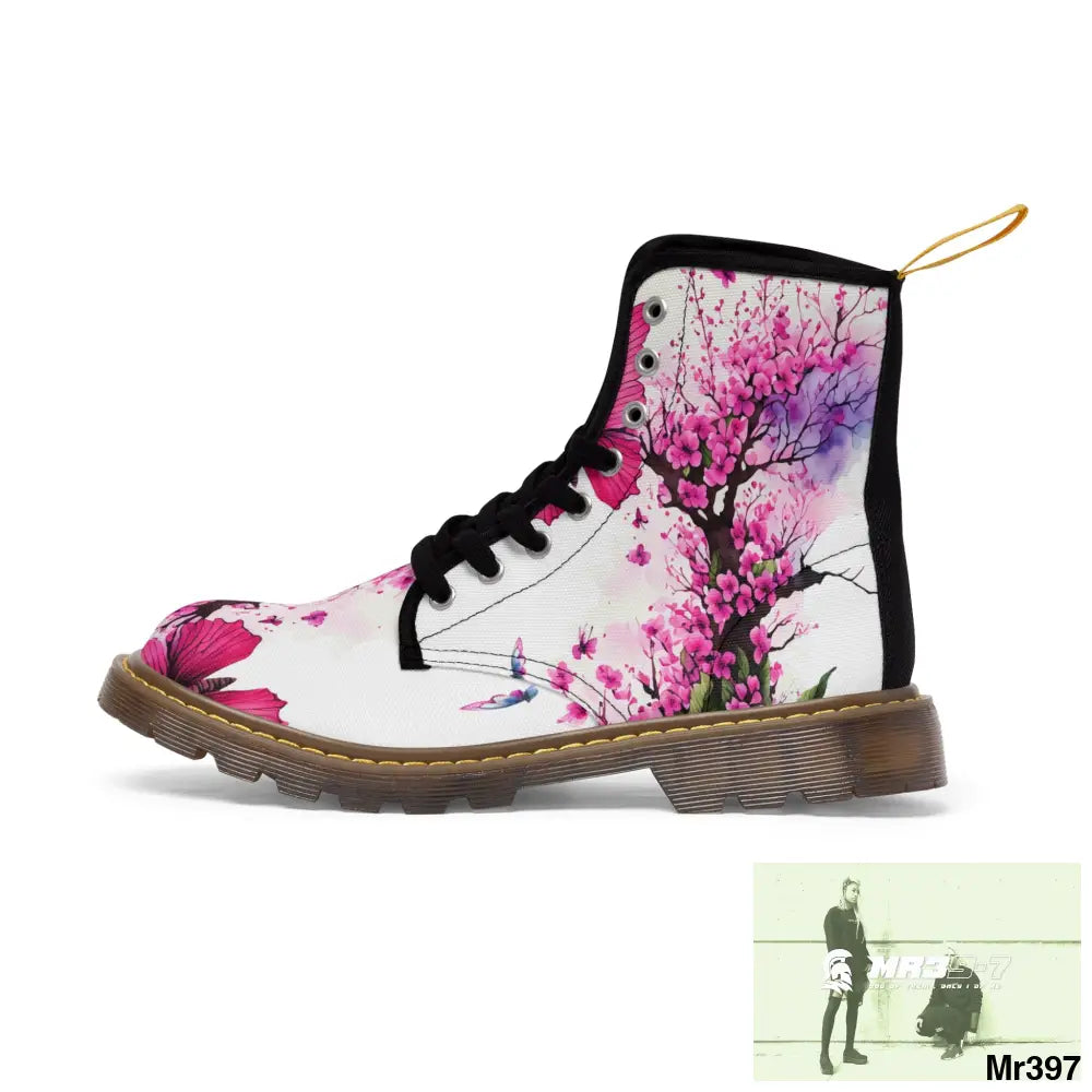 PINK BUTTERFLY ON ORNAMENTAL CHERRY TREE Women’s Canvas Boots Shoes