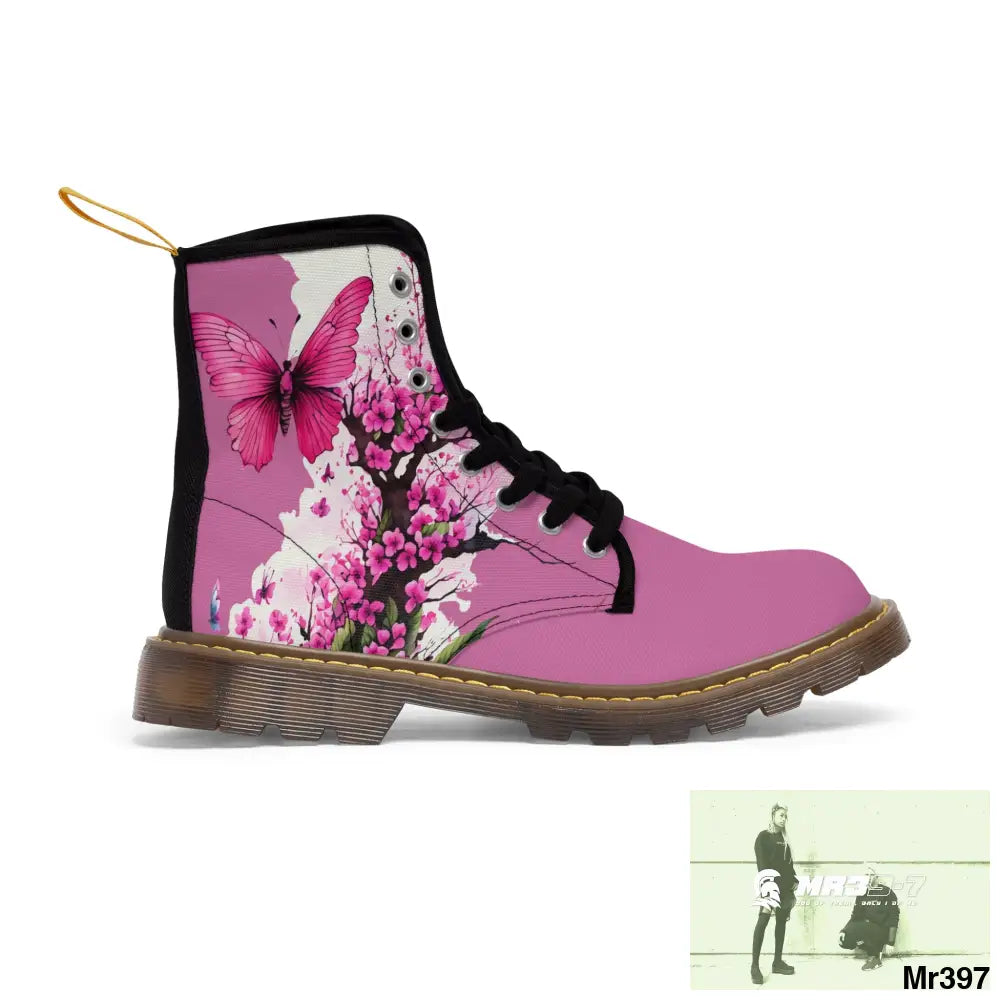 PINK BUTTERFLY ON ORNAMENTAL CHERRY TREE Women’s Canvas Boots Shoes