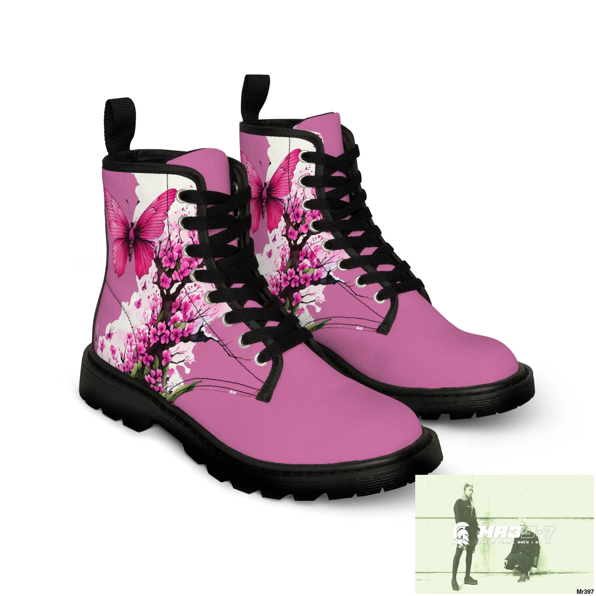 PINK BUTTERFLY ON ORNAMENTAL CHERRY TREE Women’s Canvas Boots Shoes