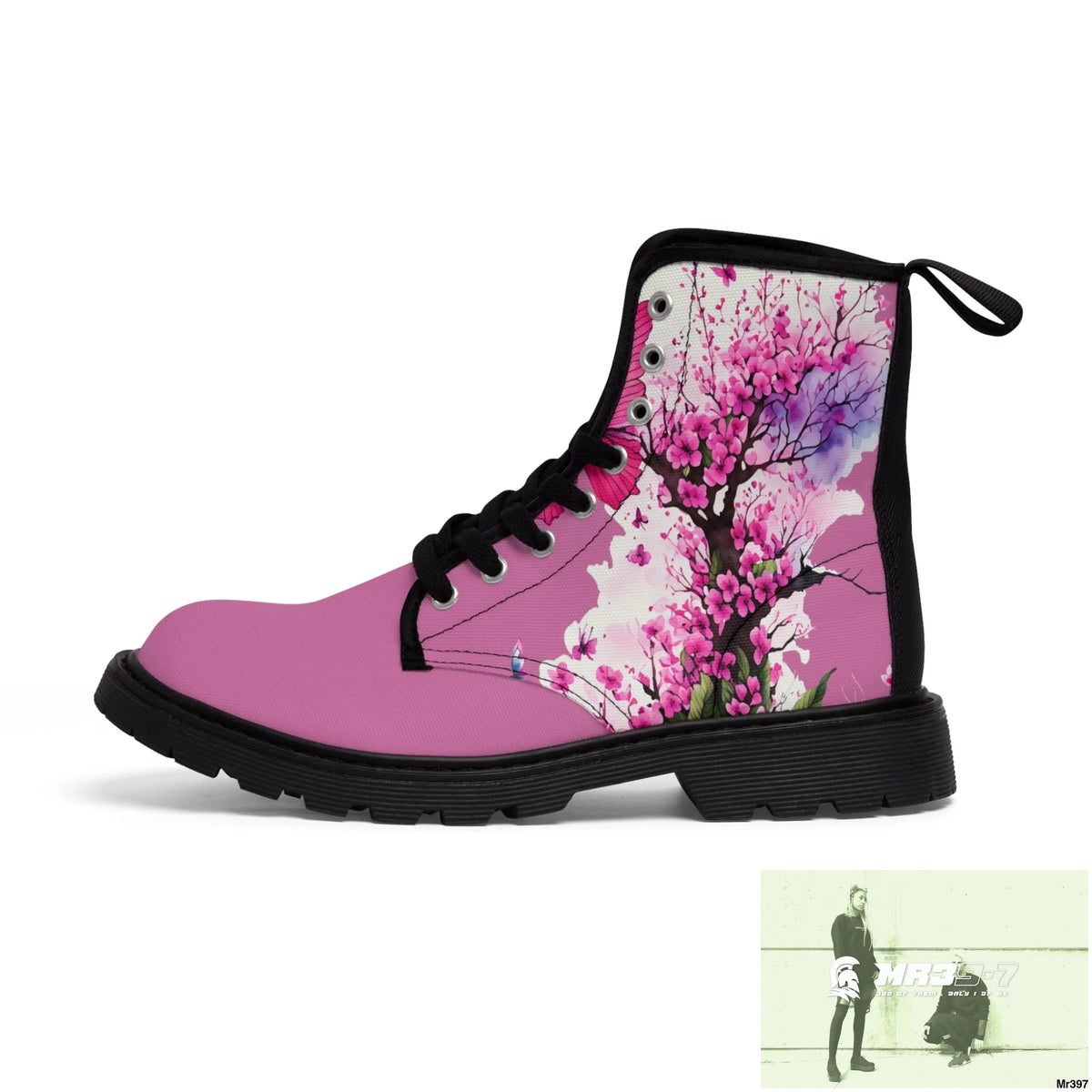 PINK BUTTERFLY ON ORNAMENTAL CHERRY TREE Women’s Canvas Boots Shoes