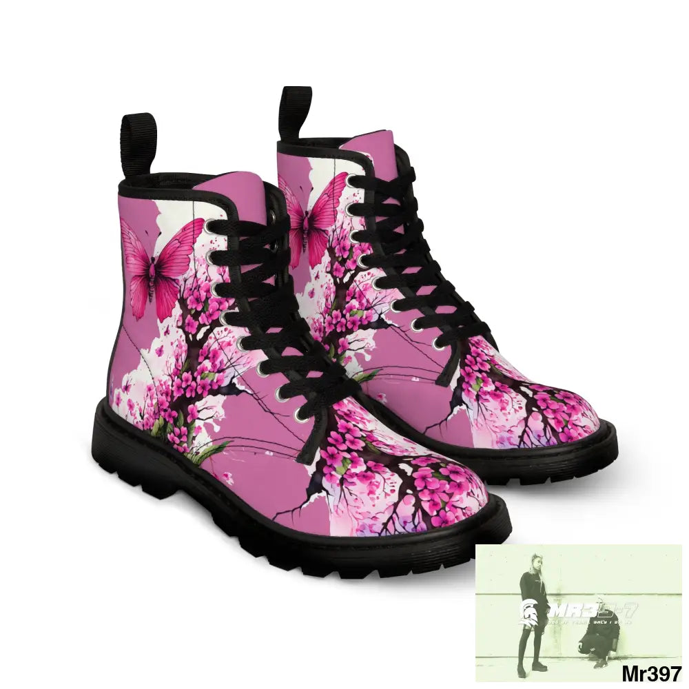 PINK BUTTERFLY ON ORNAMENTAL CHERRY TREE Women’s Canvas Boots Shoes