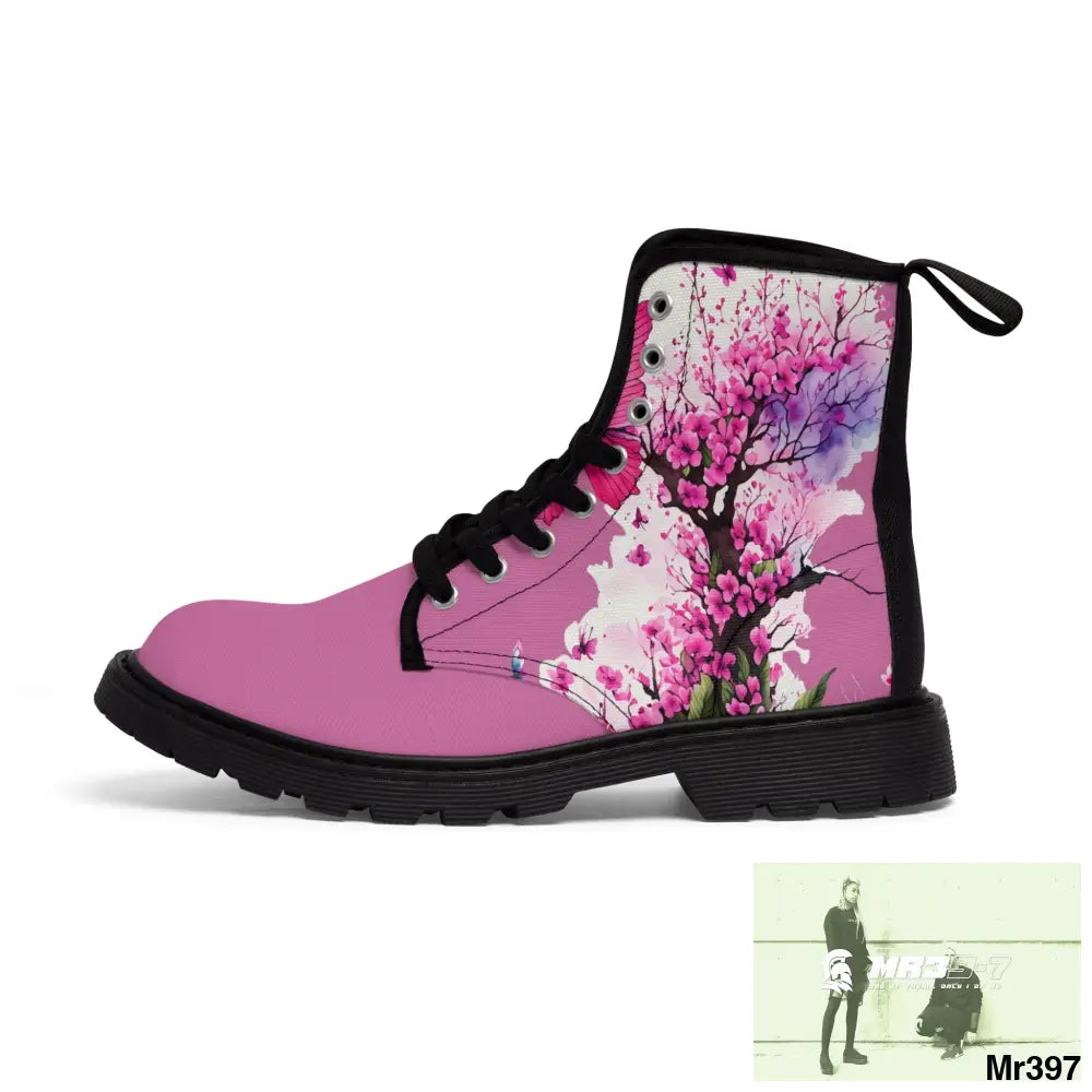 PINK BUTTERFLY ON ORNAMENTAL CHERRY TREE Women’s Canvas Boots Shoes