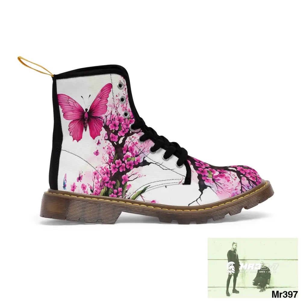 PINK BUTTERFLY ON ORNAMENTAL CHERRY TREE Women’s Canvas Boots Shoes