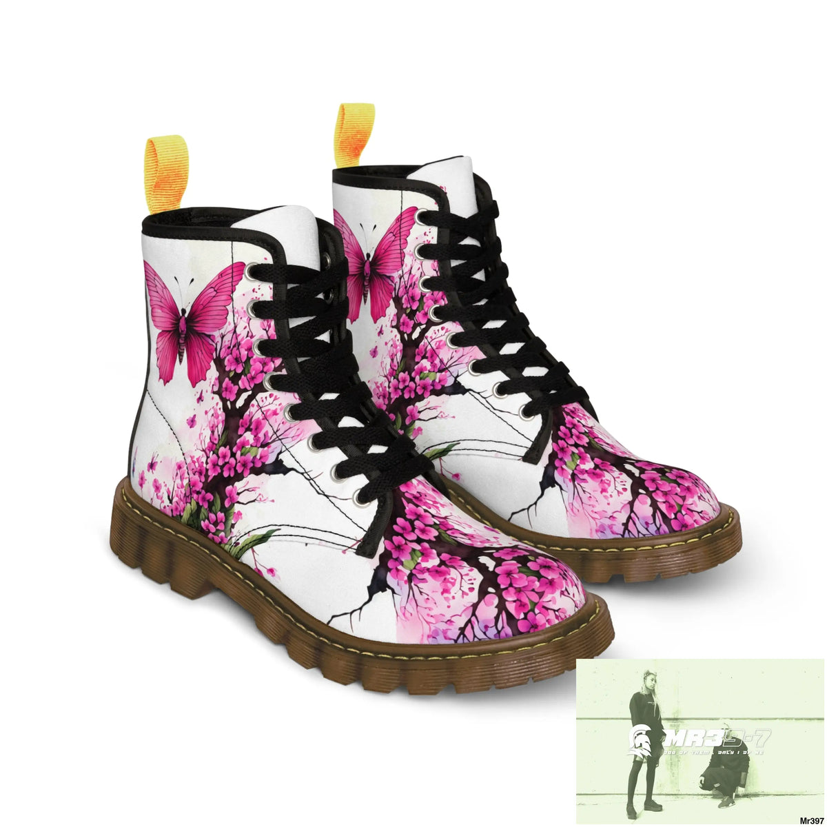 PINK BUTTERFLY ON ORNAMENTAL CHERRY TREE Women’s Canvas Boots Shoes