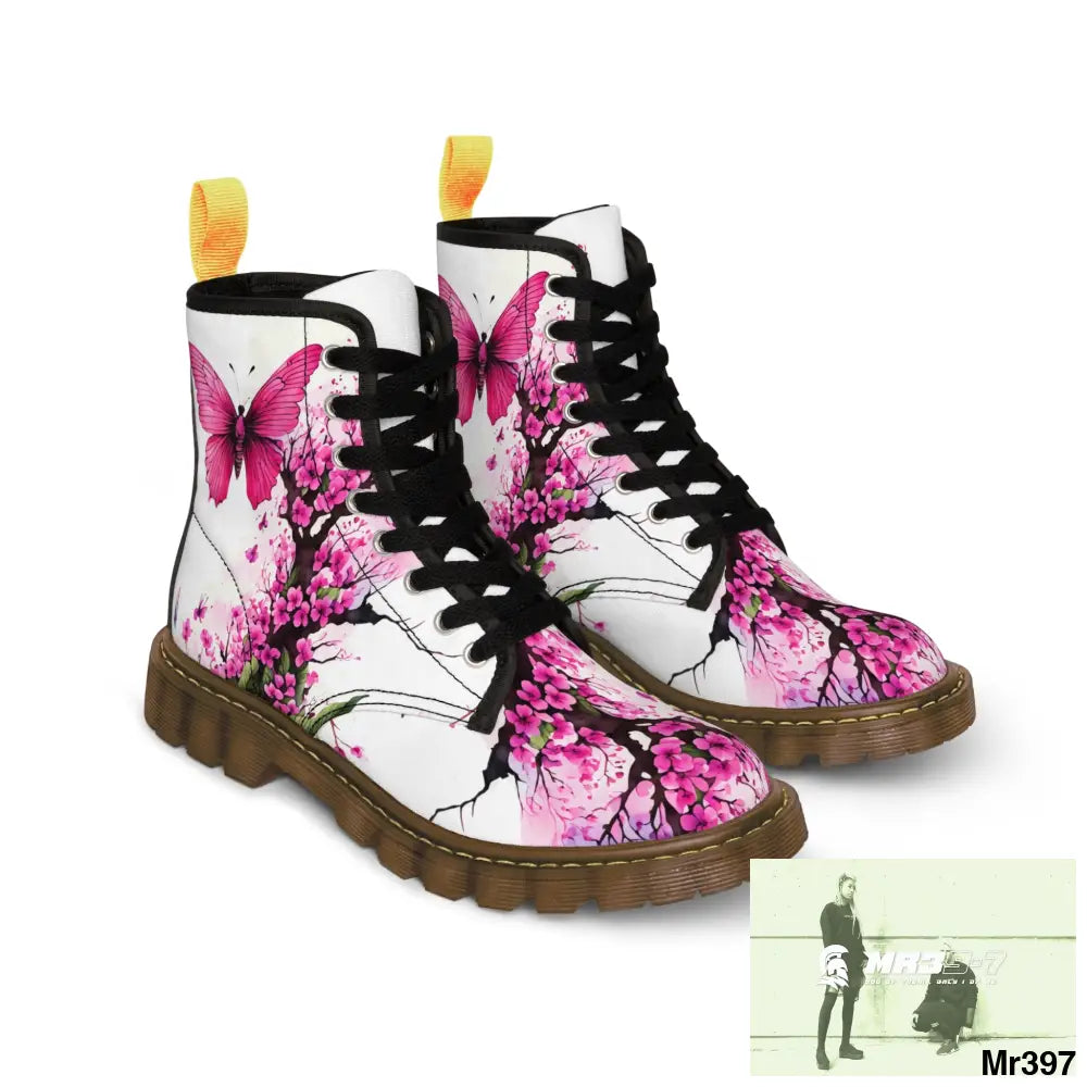 PINK BUTTERFLY ON ORNAMENTAL CHERRY TREE Women’s Canvas Boots Shoes